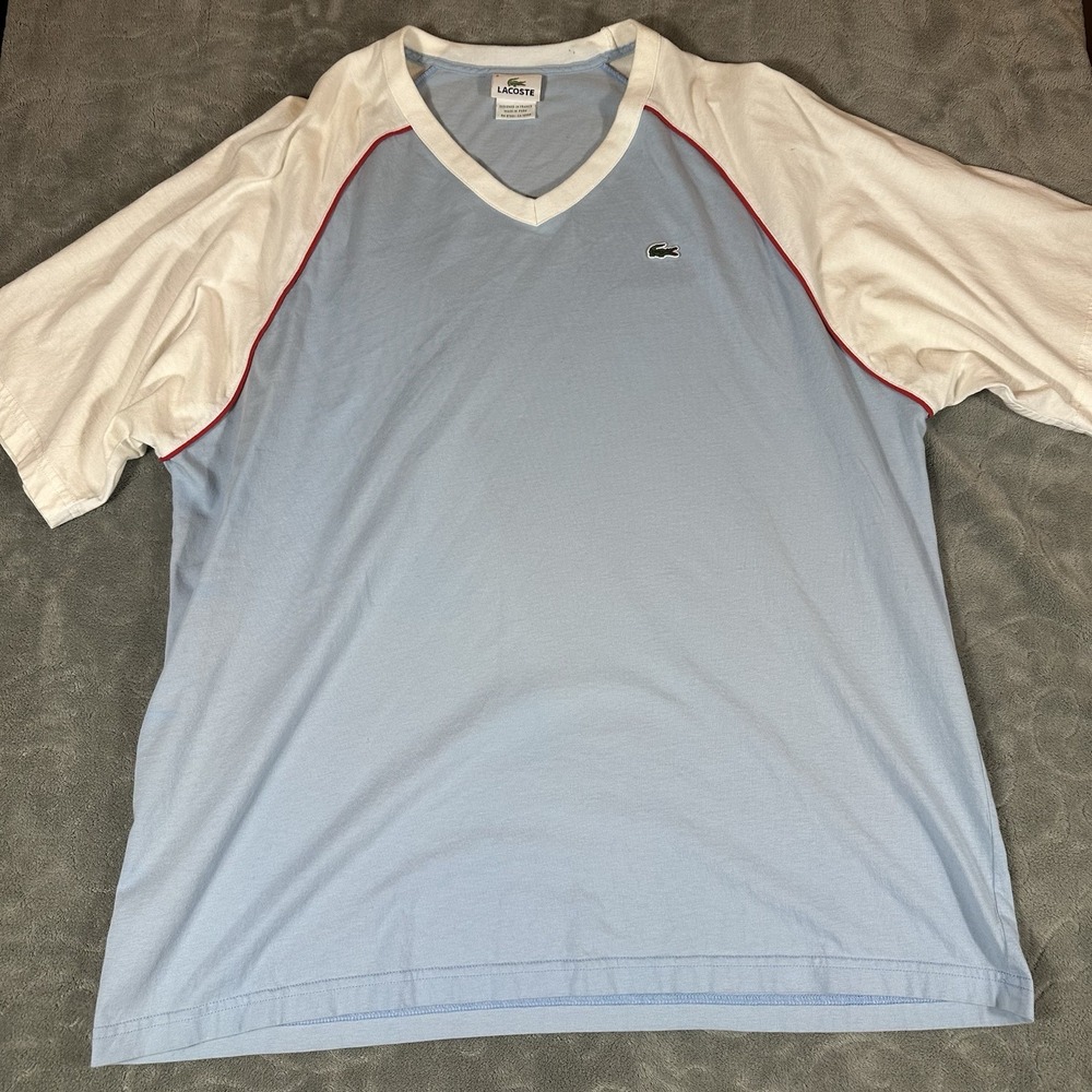 Vintage Lacoste 80's V Neck T Shirt 2XL France 8 Alligator Color Block Retro Tee